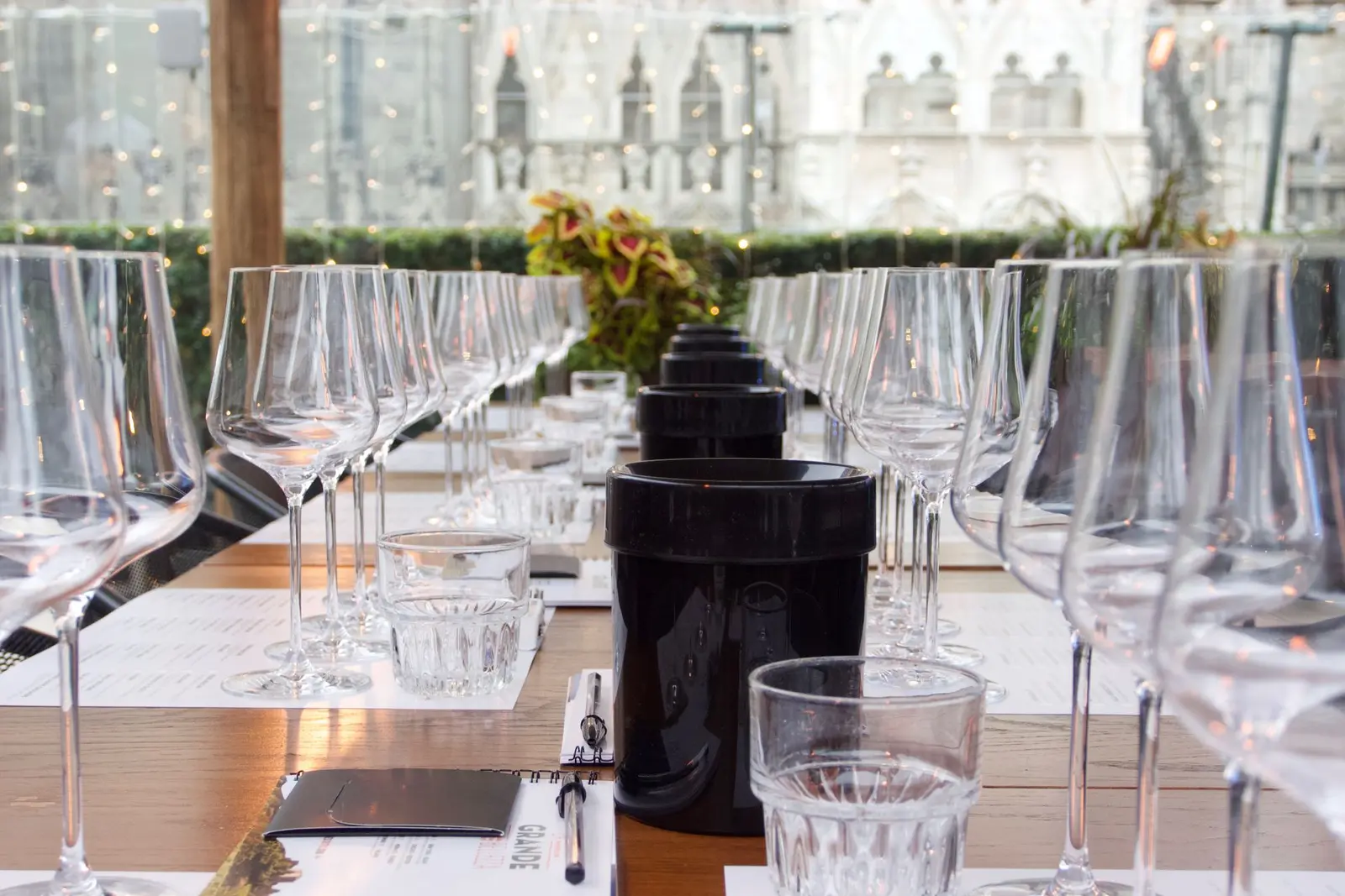 A professional wine tasting table prepared with rows of glasses and tasting notes