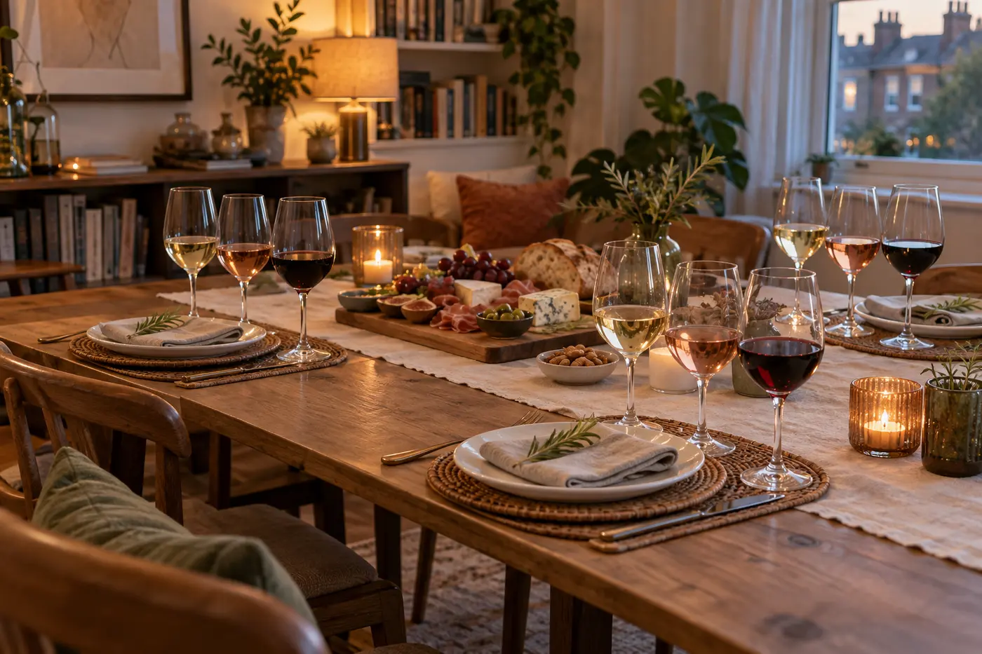 A private wine tasting table at home with charcuterie and three wine glasses at each place